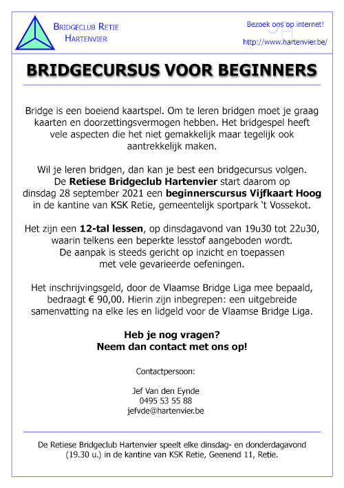 Bridgecursus voor beginners op dinsdag 28 september 2021, aangeboden door de Retiese Bridgeclub Hartenvier.